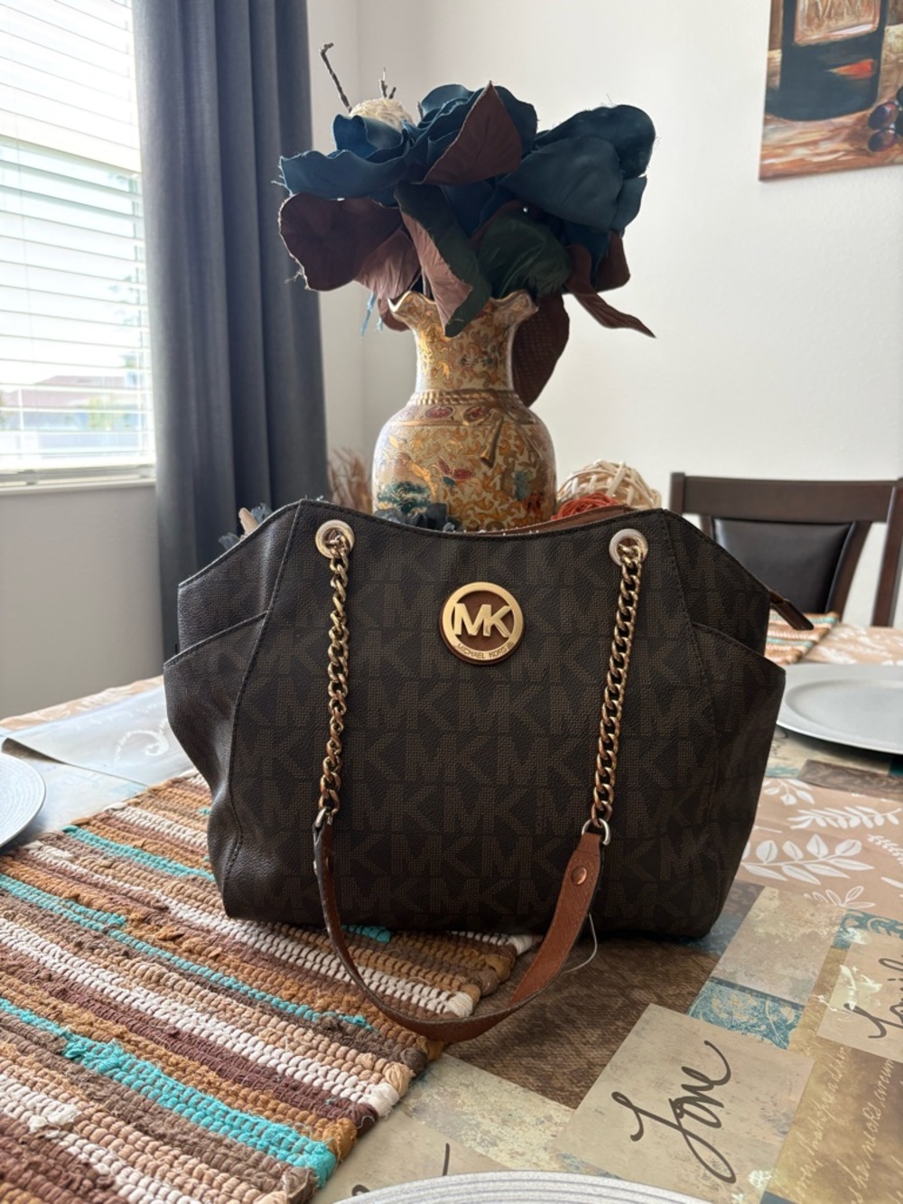 Michael Kors Brown Logo Chain-Handle Tote with Gold Accent